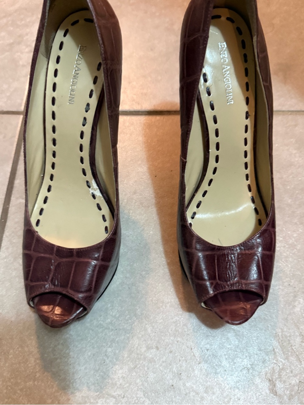 Enzo Angiolini Burgundy Croc-Embossed Peep-Toe Pumps